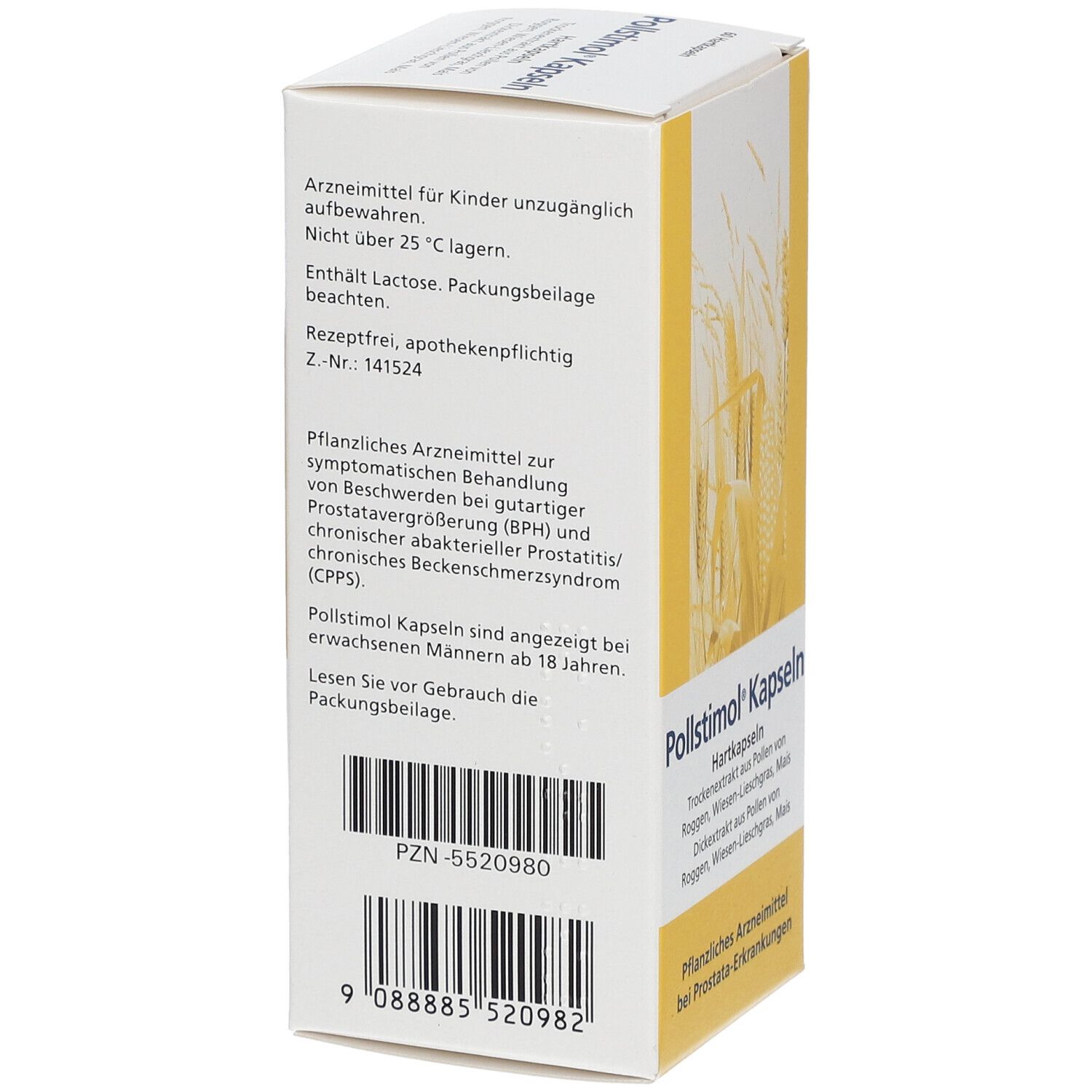 Rückseite der Pollstimol Kapseln-Packung. Text mit Warnhinweisen und Barcode. Apothekenpflichtig.