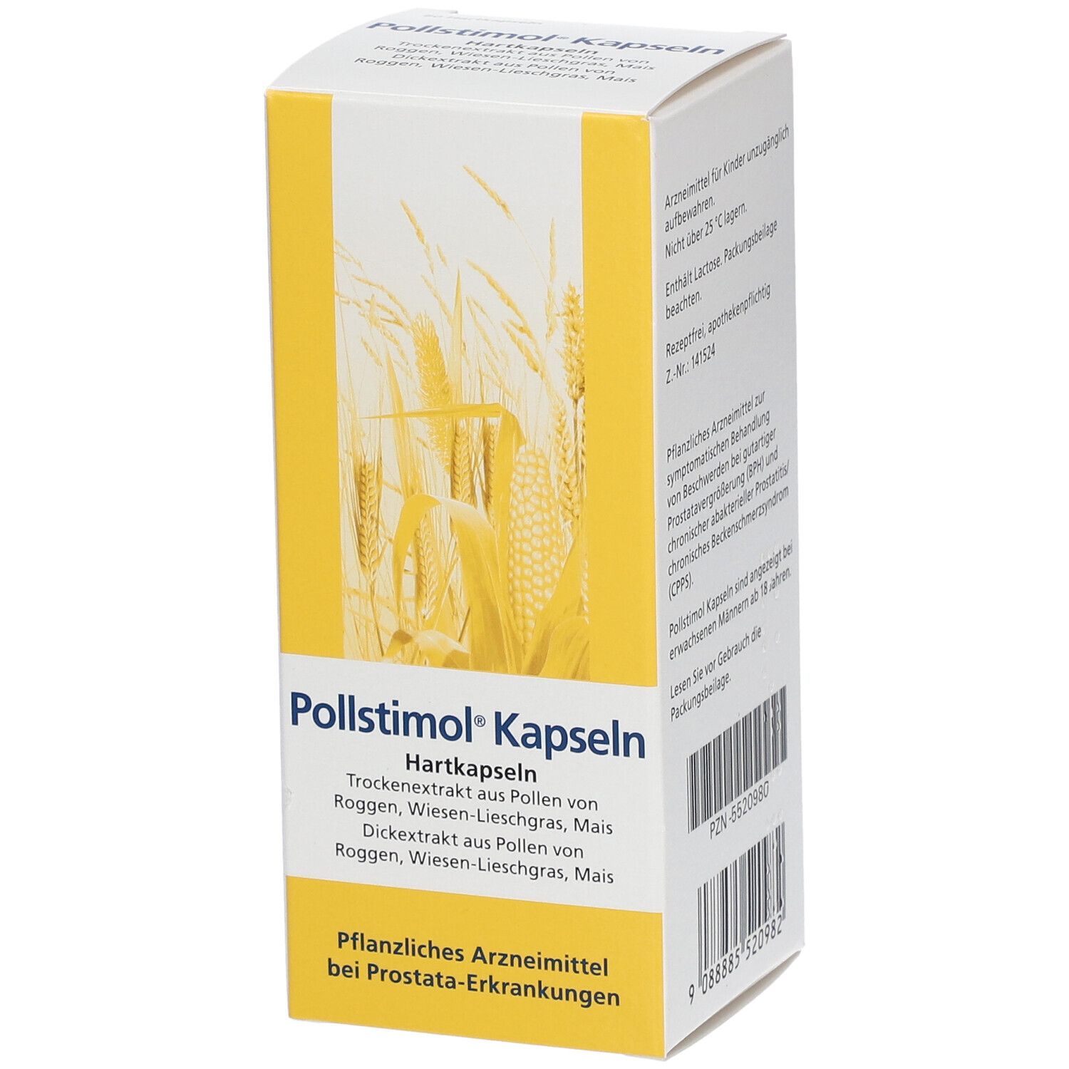 Pollstimol Kapseln-Packung. Gelb-weiße Schachtel mit Produktnamen und Inhaltsangaben. Pflanzliches Arzneimittel.