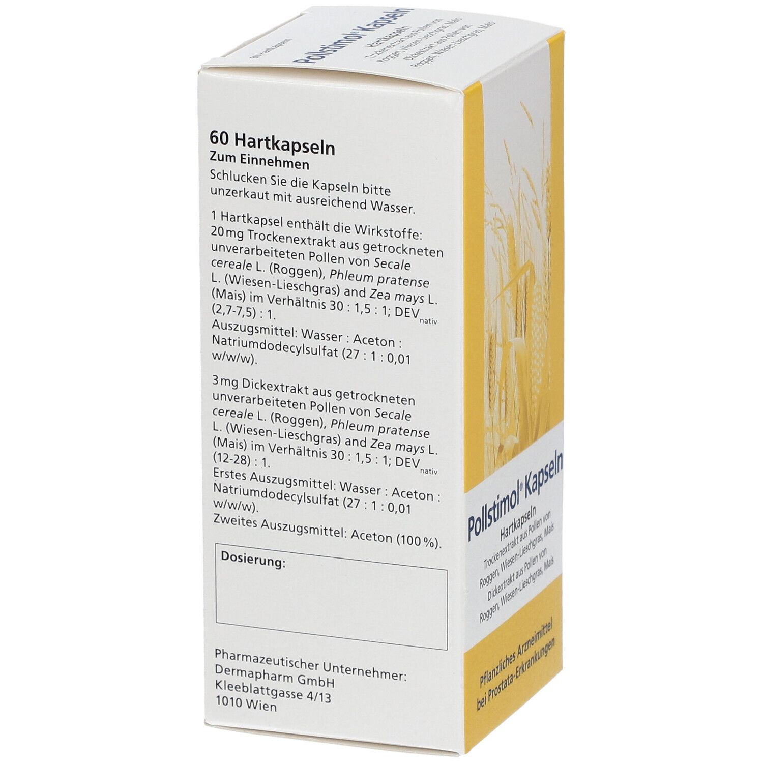 Pollstimol Kapseln-Packung. Detailansicht mit Inhaltsangaben und Dosierung. 60 Hartkapseln.