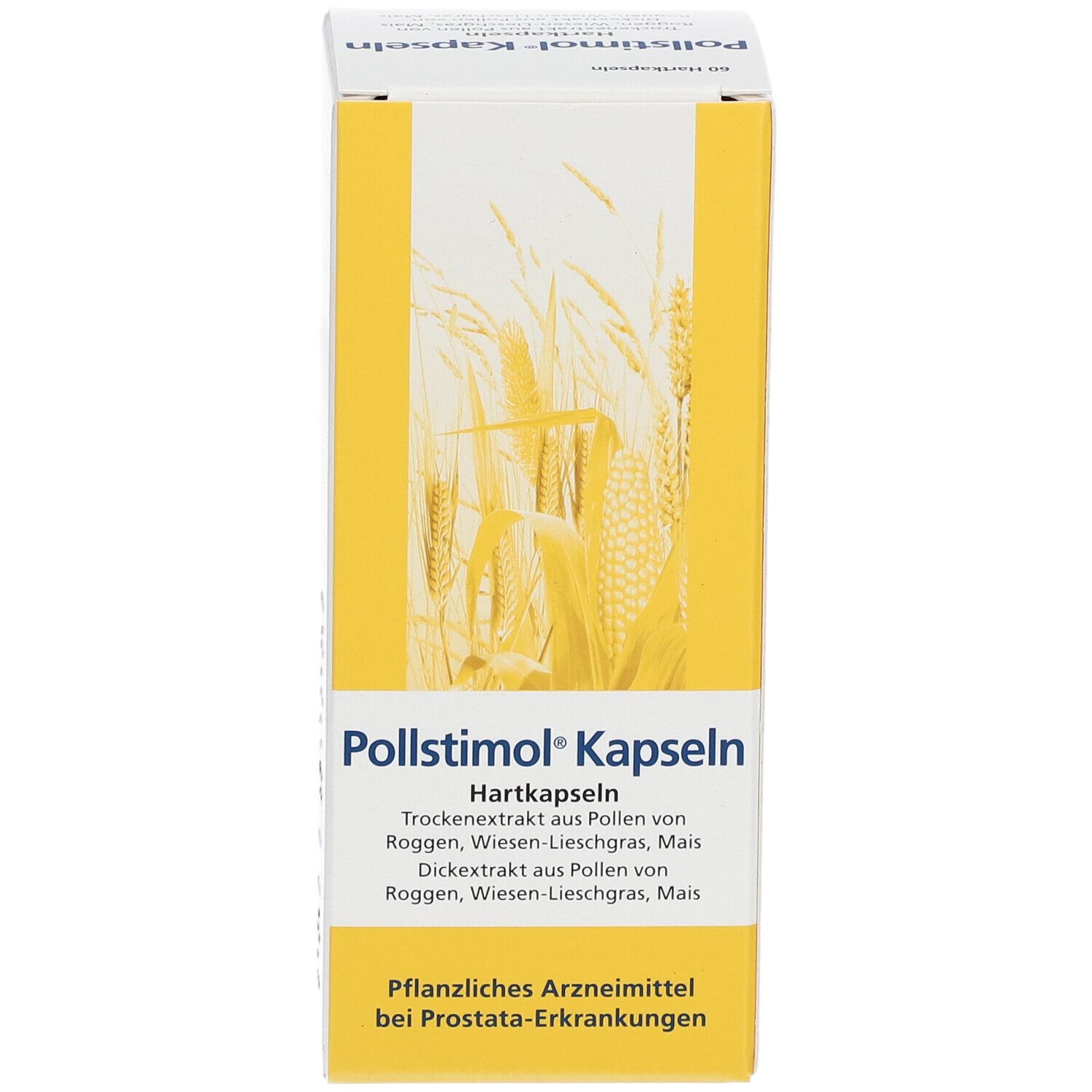 Pollstimol Kapseln-Packung. Gelb-weiße Schachtel mit Produktnamen und Inhaltsangaben. Pflanzliches Arzneimittel.