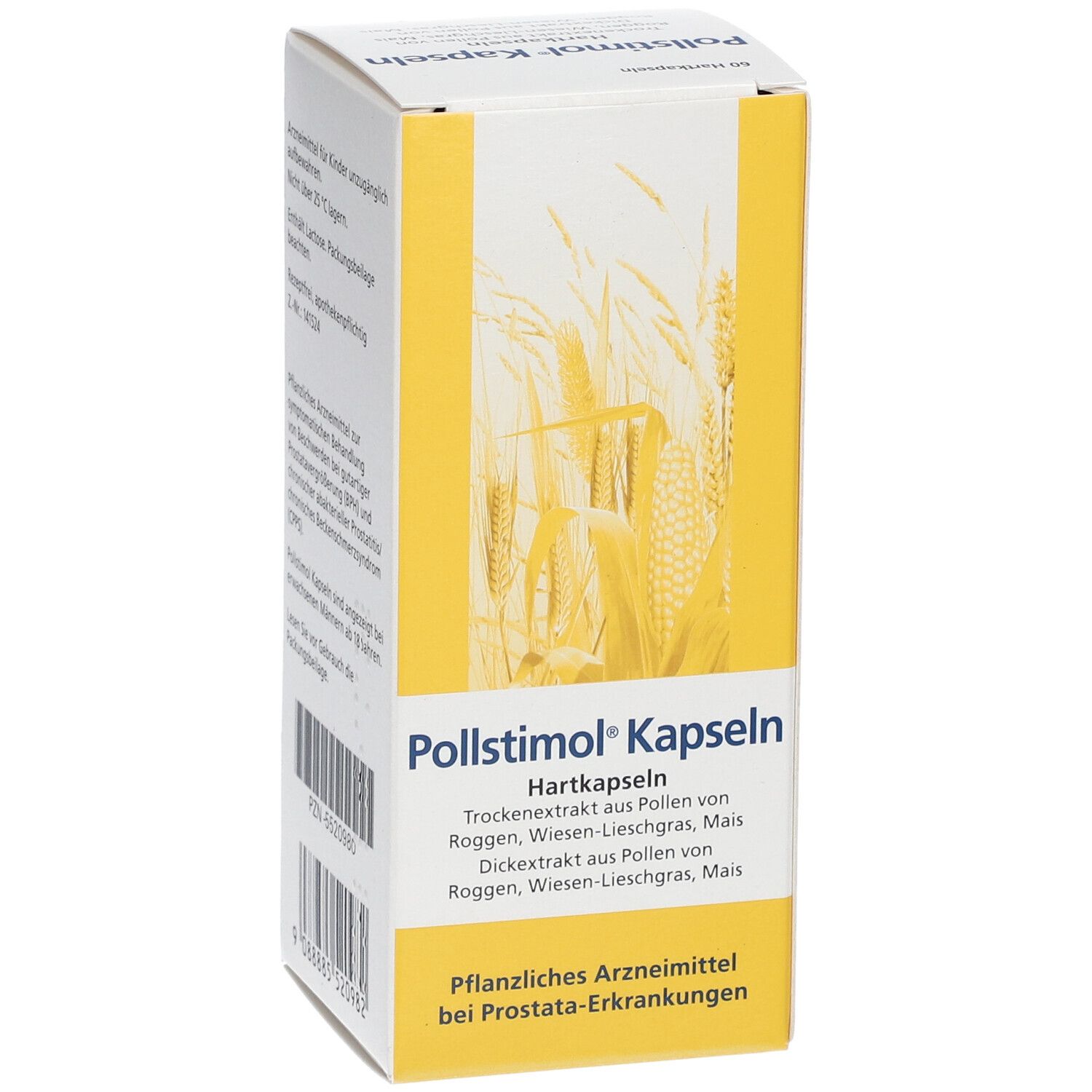 Pollstimol Kapseln-Packung. Gelb-weiße Schachtel mit Produktnamen und Inhaltsangaben. Pflanzliches Arzneimittel.
