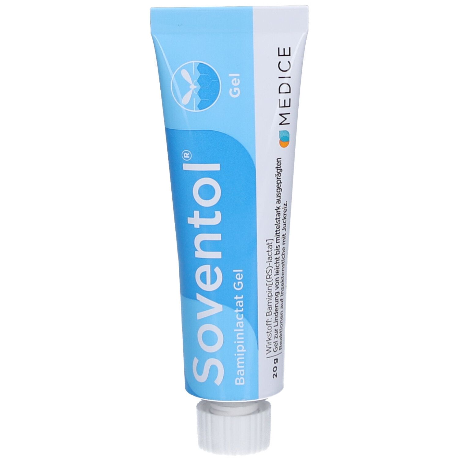Tube Soventol® Bamipinlactat Gel. Blau-weiße Tube mit Schraubverschluss. Marke und Produktname deutlich sichtbar.