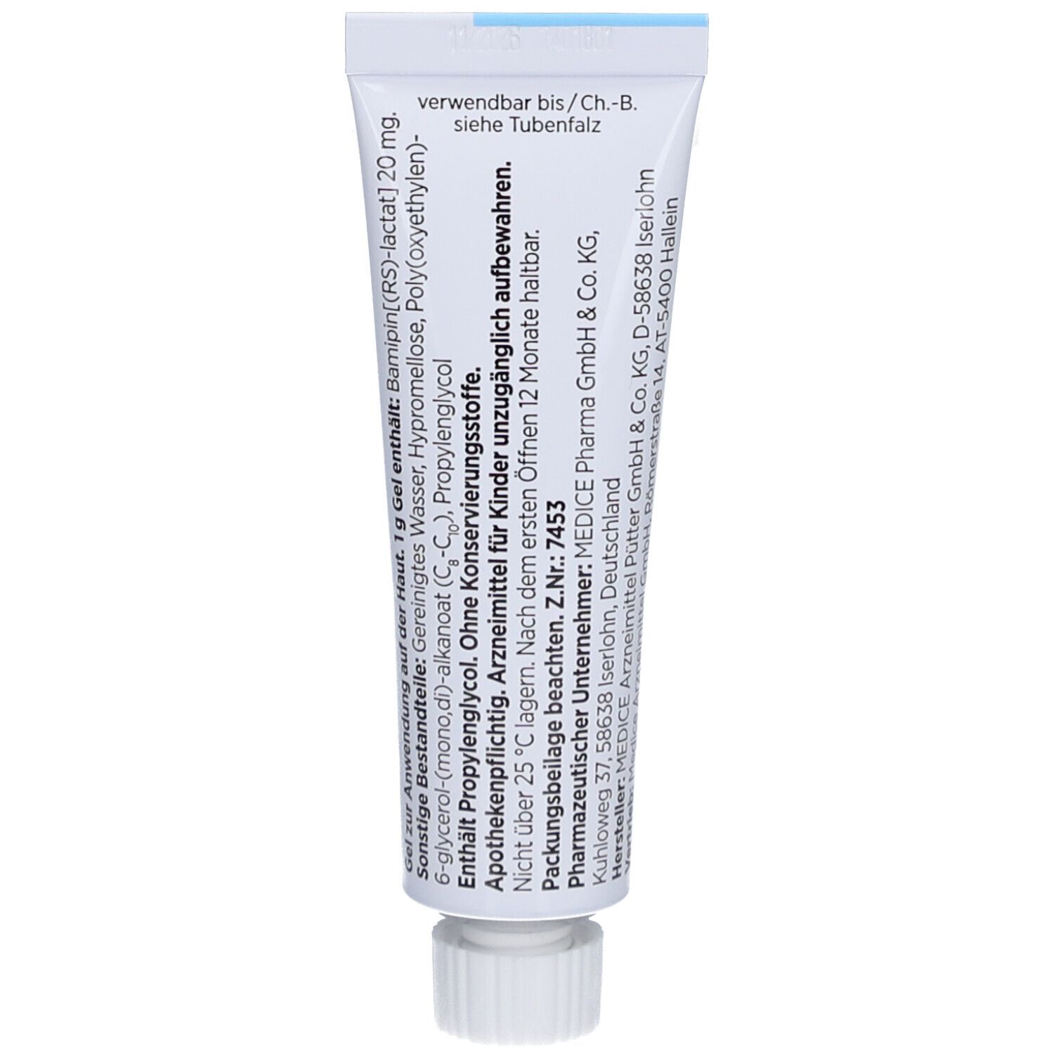 Rückseite der Soventol® Bamipinlactat Gel Tube. Enthält Informationen zu Inhaltsstoffen, Hersteller und Haltbarkeit.