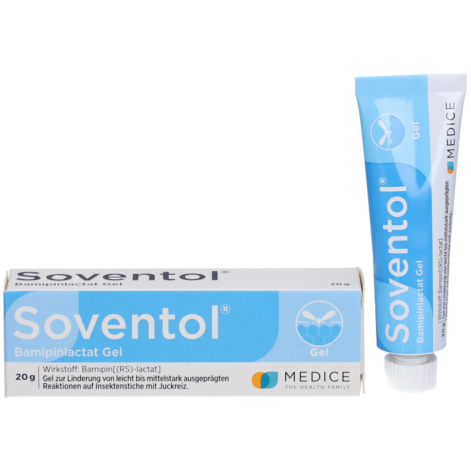 Soventol® Bamipinlactat Gel und Verpackung. Tube und Schachtel nebeneinander. Produktname und Marke deutlich sichtbar.