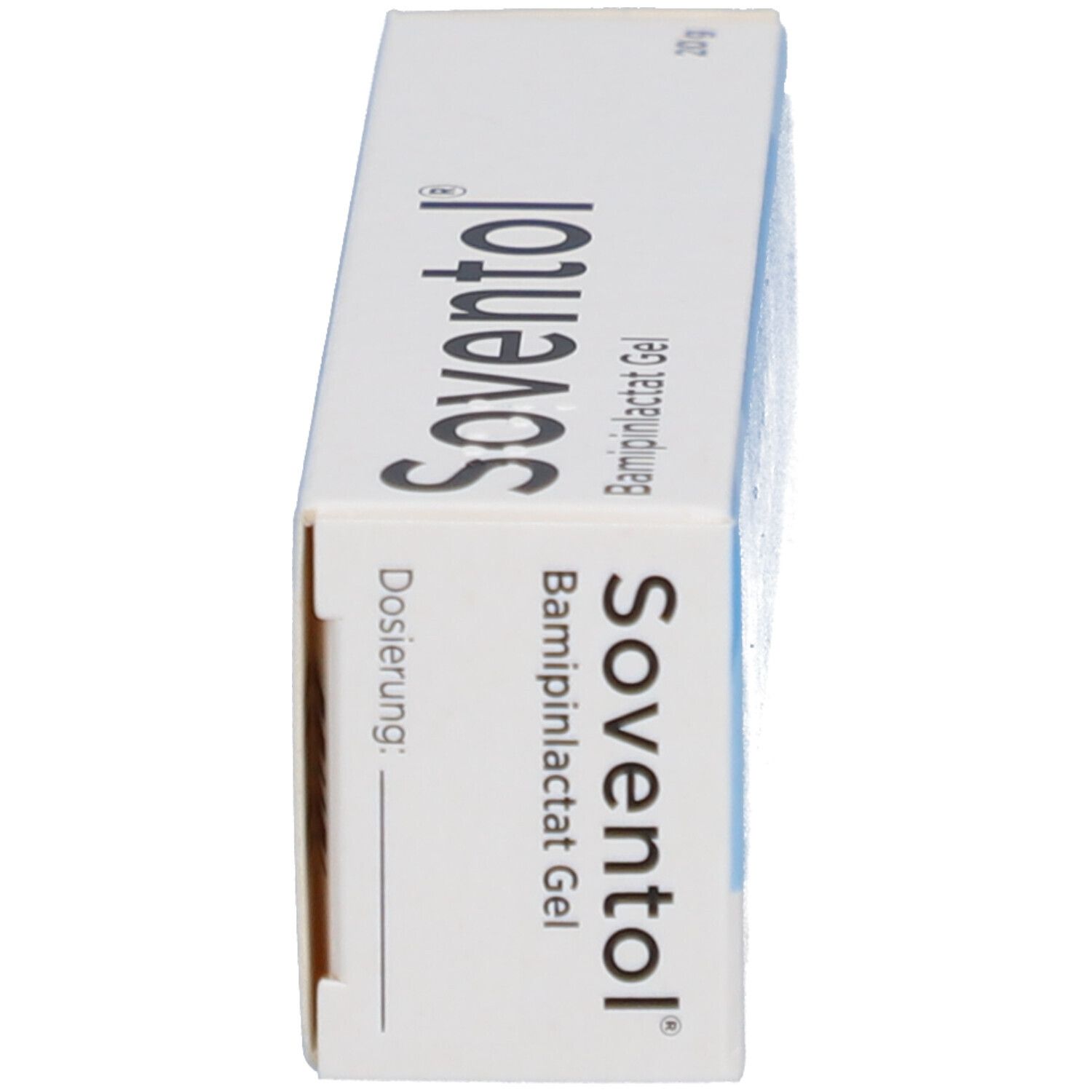 Seitenansicht der Soventol® Bamipinlactat Gel Schachtel. Produktname und Dosierung auf der Seite.