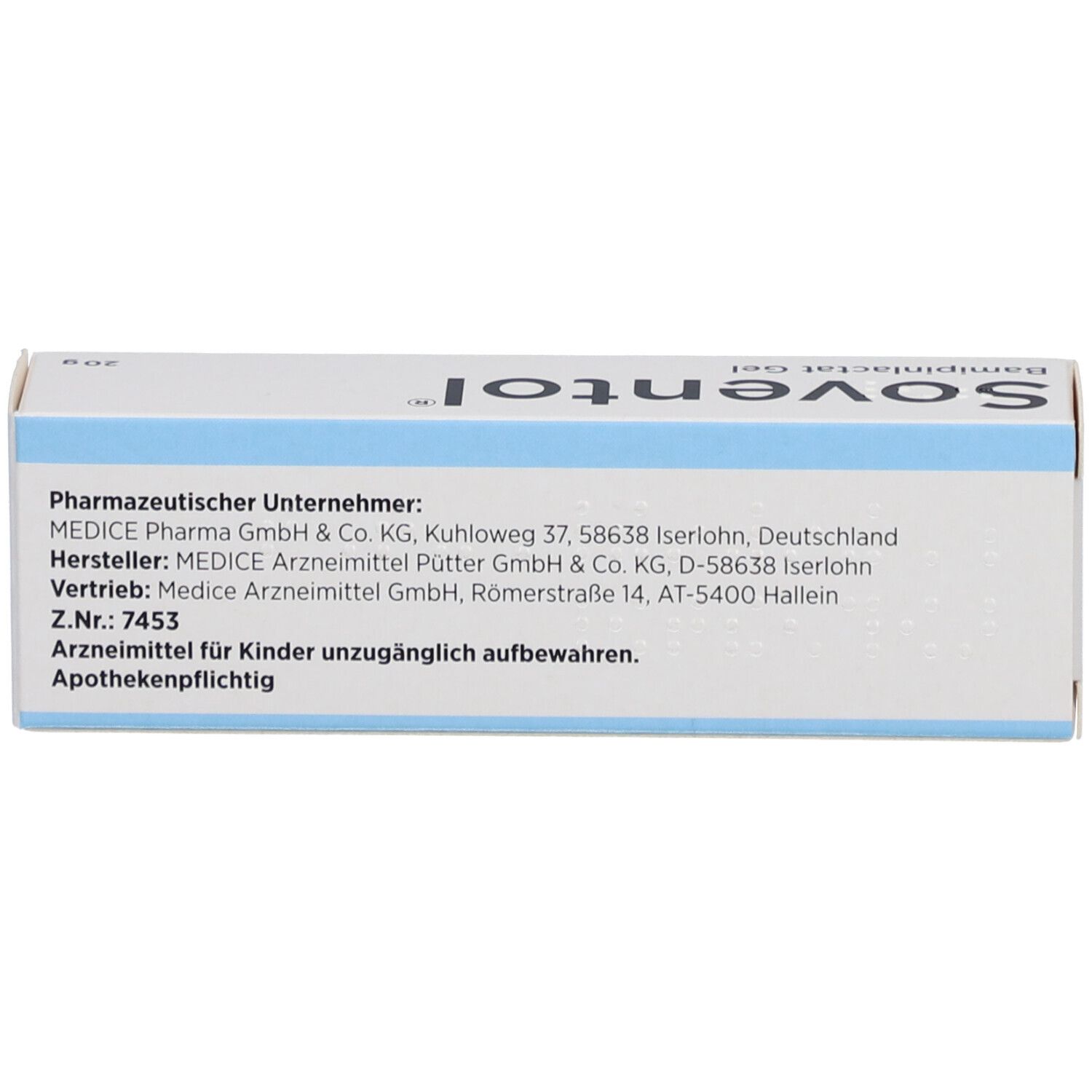 Rückseite der Soventol® Bamipinlactat Gel Schachtel. Pharmazeutischer Hersteller, Hersteller und weitere Informationen.