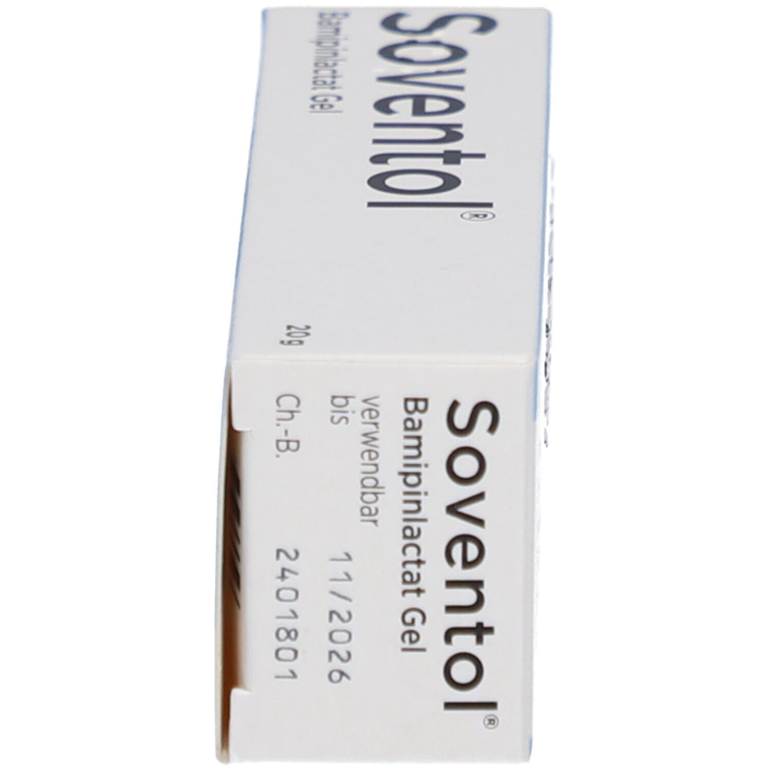 Seite der Soventol® Bamipinlactat Gel Schachtel. Informationen zum Verfallsdatum und zur Chargennummer.