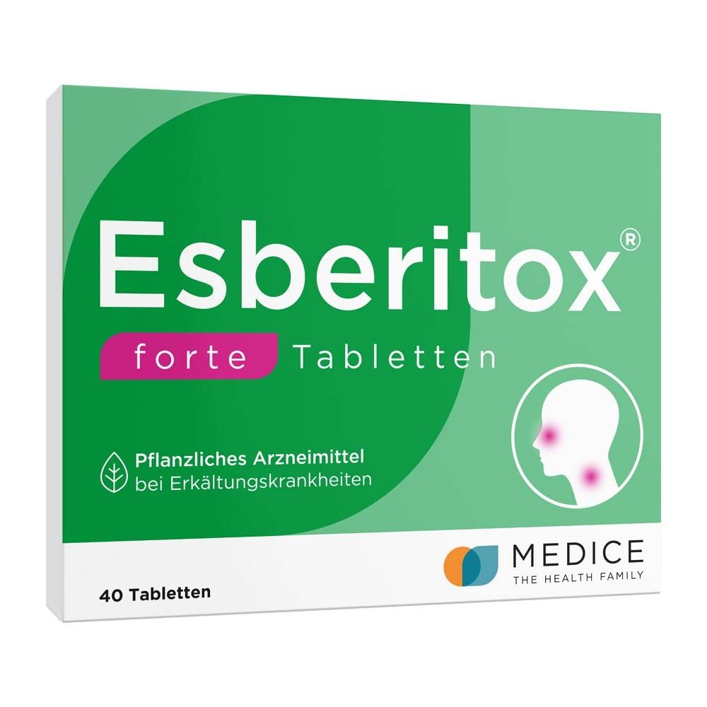 Schachtel mit Esberitox® Forte Tabletten. Grün-weißes Design, Produktname und Logo prominent. 40 Tabletten.