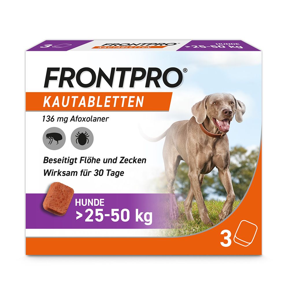 Verpackung mit FRONTPRO Kautabletten für Hunde. Enthält 3 Tabletten. Für Hunde >25-50 kg.