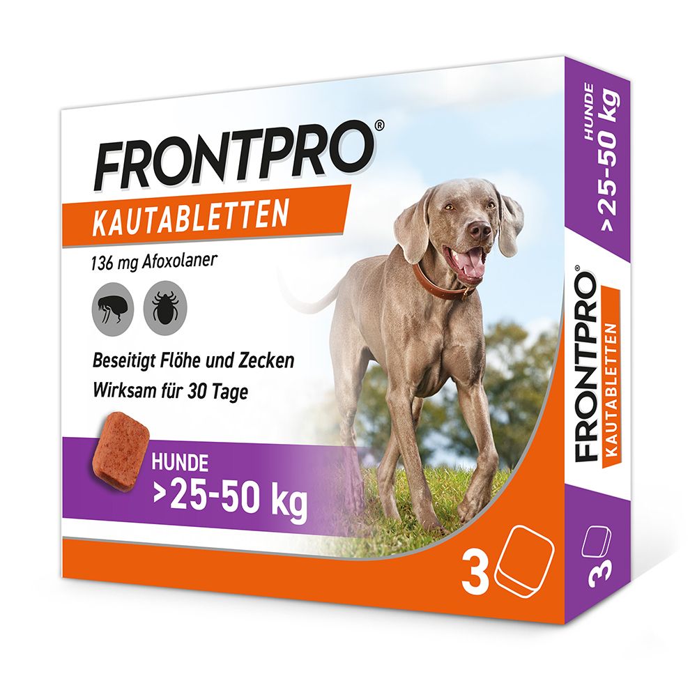 Verpackung mit FRONTPRO Kautabletten. Ansicht von vorne und Seite. Für Hunde >25-50 kg. Enthält 3 Tabletten.