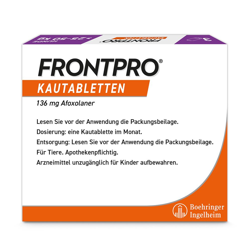 Rückseite der FRONTPRO Kautabletten-Verpackung. Enthält Informationen zur Anwendung und Dosierung.