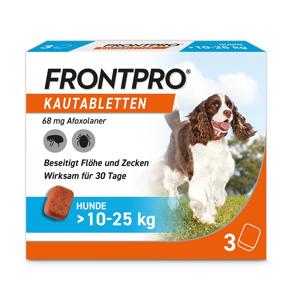 Schachtel mit FRONTPRO Kautabletten für Hunde. Enthält 3 Tabletten. Aufdruck: 68 mg Afoxolaner. Für Hunde 10-25 kg.