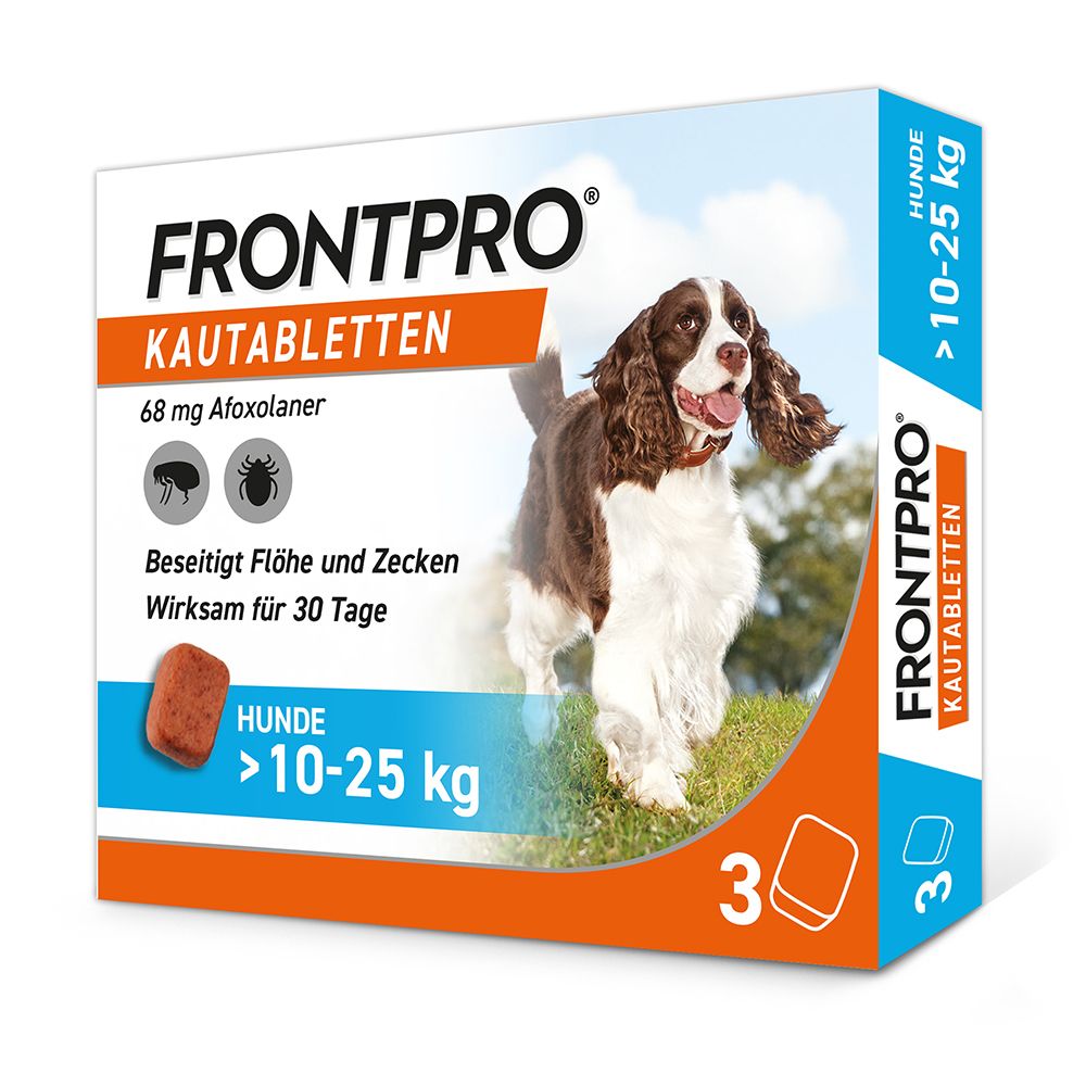Schachtel mit FRONTPRO Kautabletten für Hunde. Enthält 3 Tabletten. Aufdruck: 68 mg Afoxolaner. Für Hunde 10-25 kg.