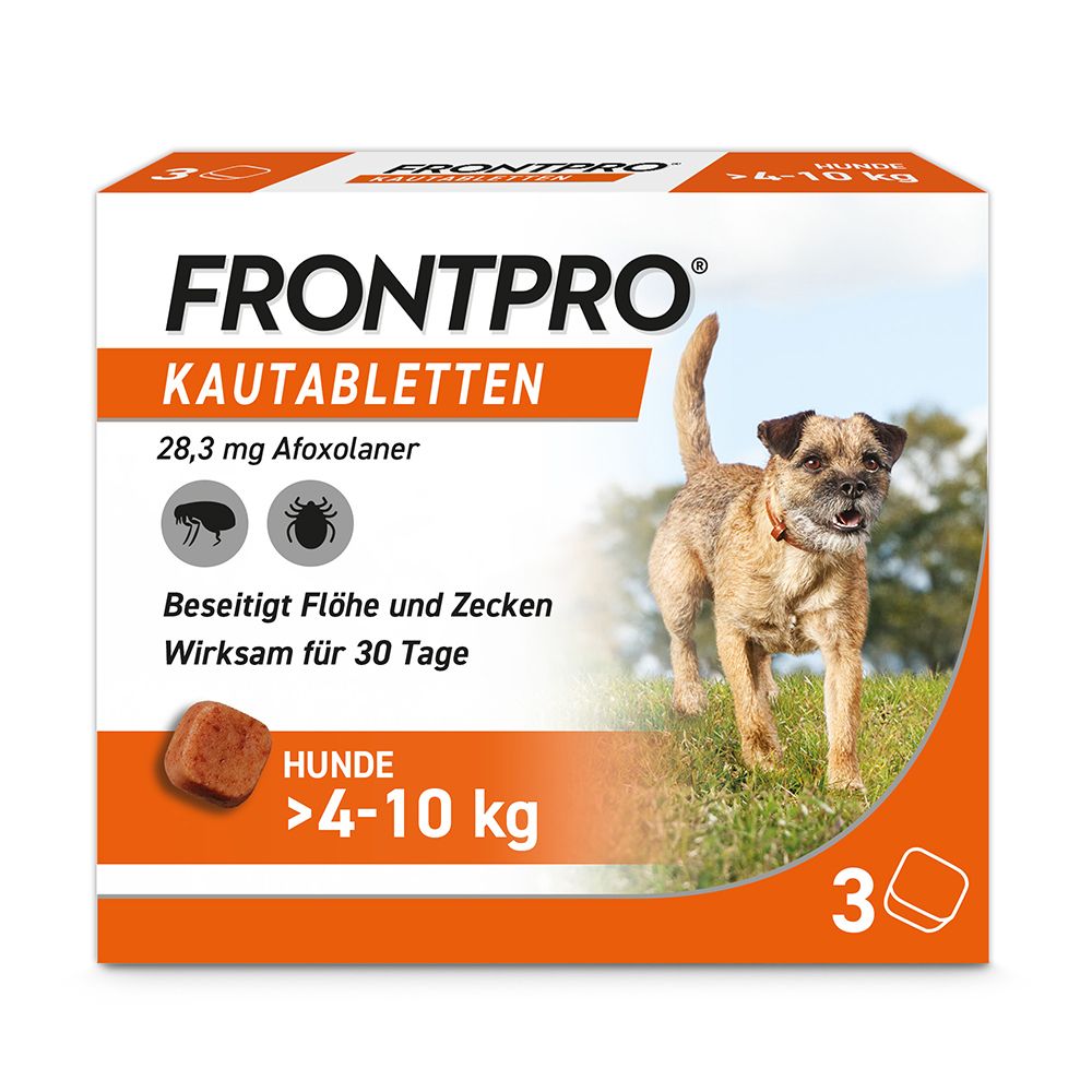 Verpackung von FRONTPRO Kautabletten für Hunde. Enthält 3 Tabletten. Für Hunde >4-10 kg.