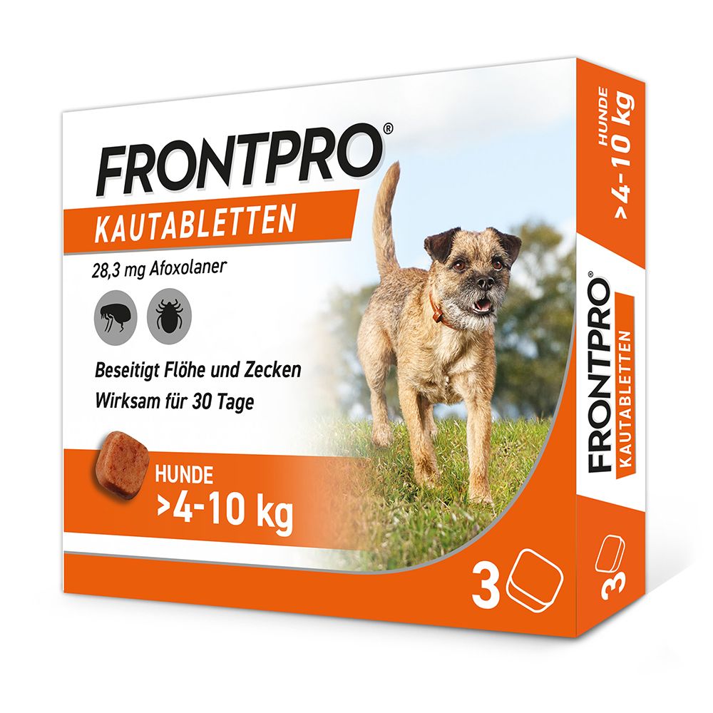 Verpackung von FRONTPRO Kautabletten. Ansicht von der Seite. Für Hunde >4-10 kg. Enthält 3 Tabletten.