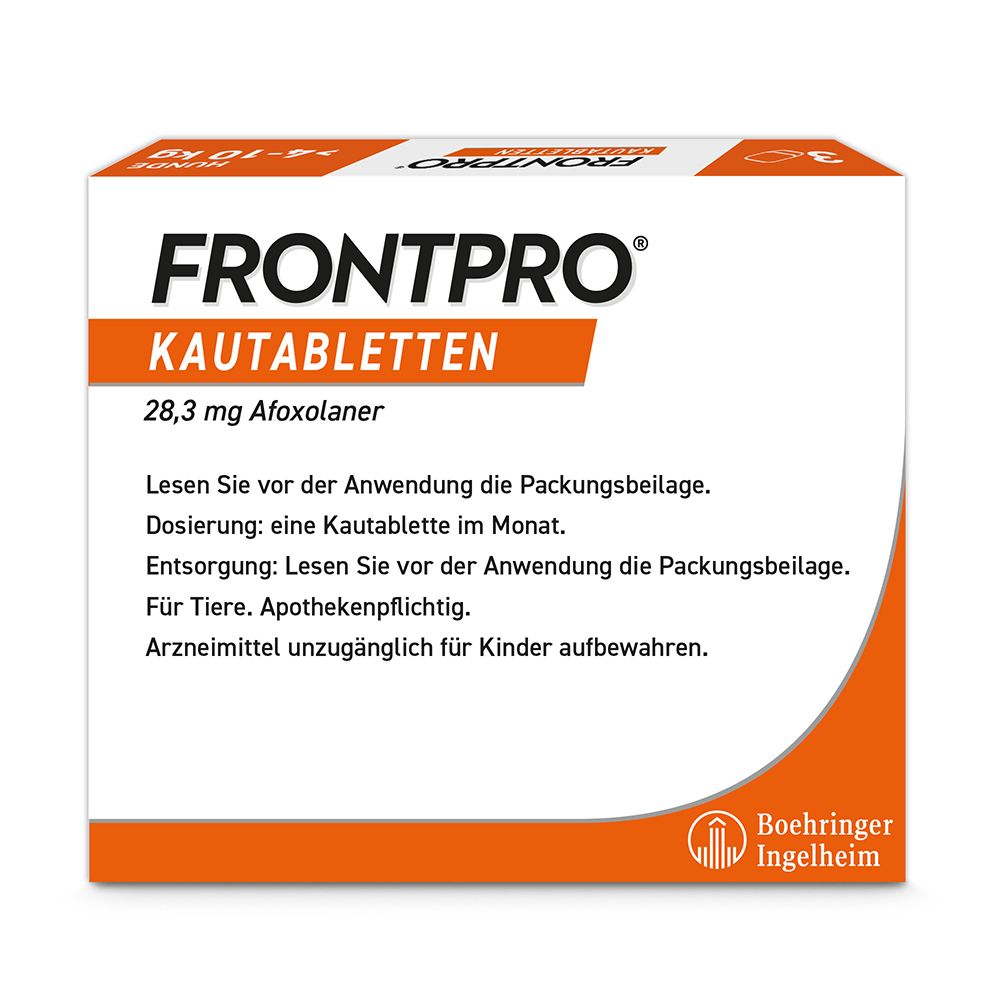 Verpackung von FRONTPRO Kautabletten. Rückseite mit Informationen. Für Hunde. Apothekenpflichtig.