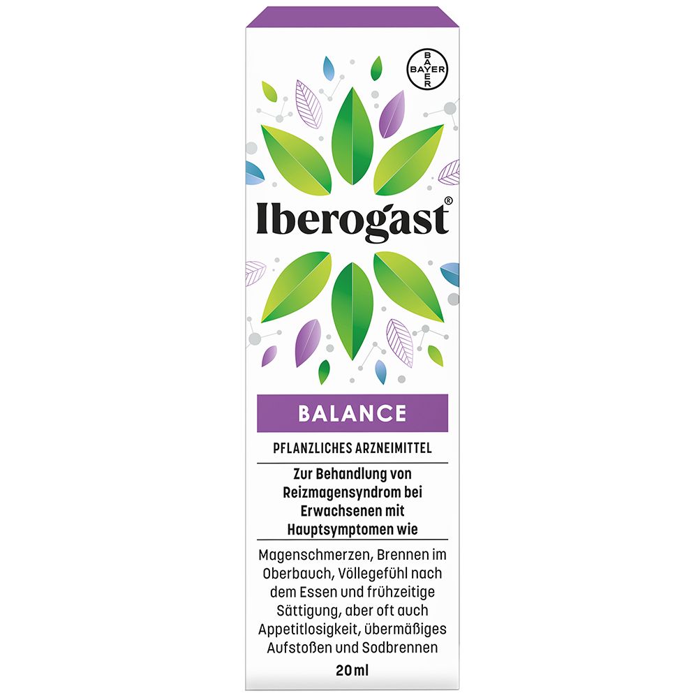 Weiße Verpackung mit grün-lila Blättern. Text: Iberogast Balance, pflanzliches Arzneimittel, 20 ml.
