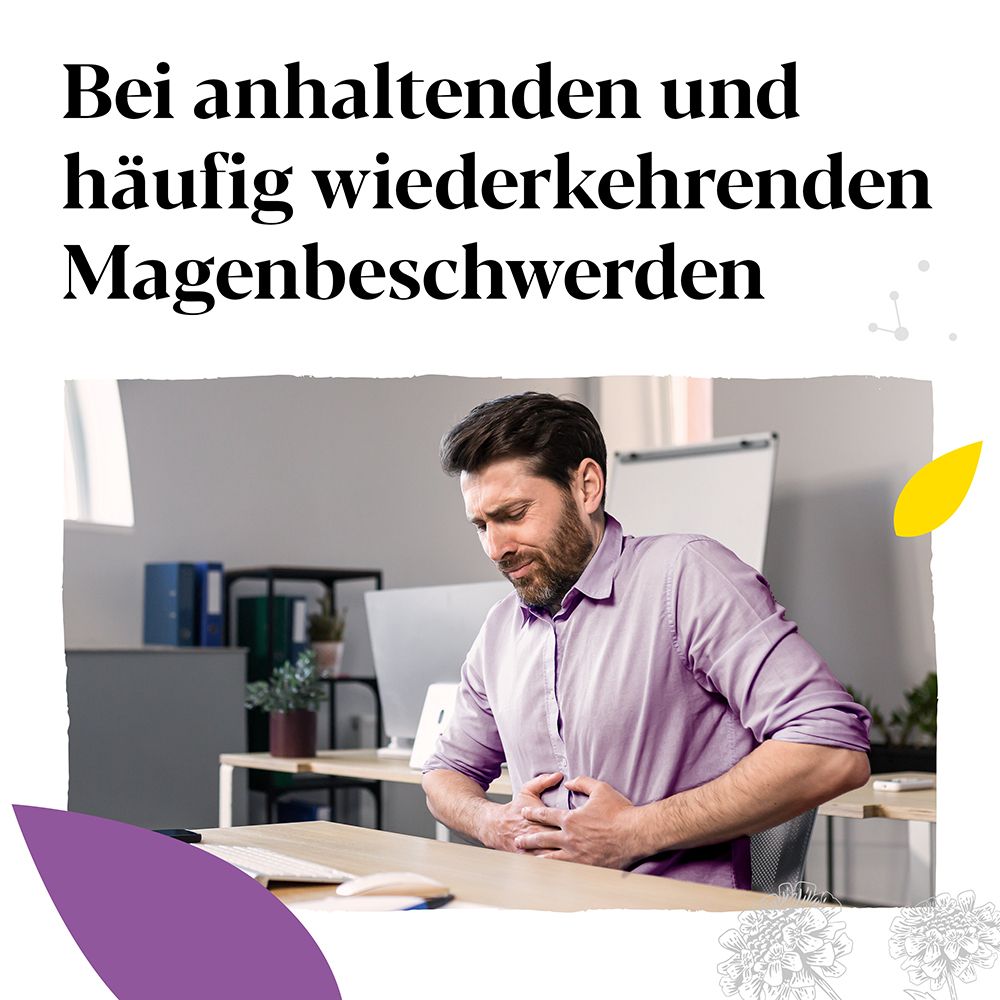Mann mit Bauchschmerzen am Schreibtisch. Text: Bei häufig wiederkehrenden Magenbeschwerden.