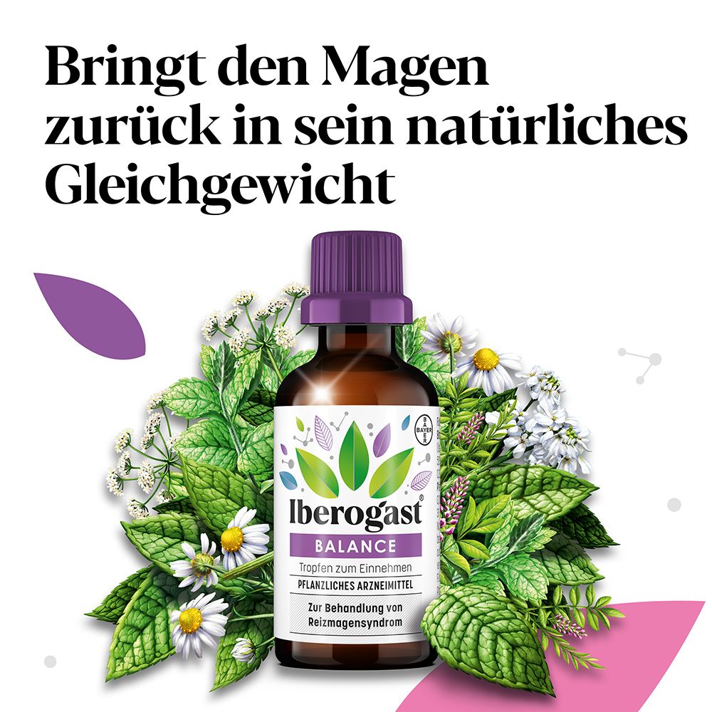 Braune Flasche mit lila Verschluss, umgeben von Kräutern. Text: Iberogast Balance, Tropfen.