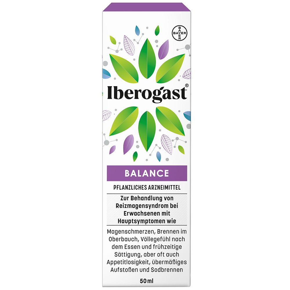 Weißer Karton mit Iberogast® BALANCE. Logo mit grünen Blättern. Text: Pflanzliches Arzneimittel.