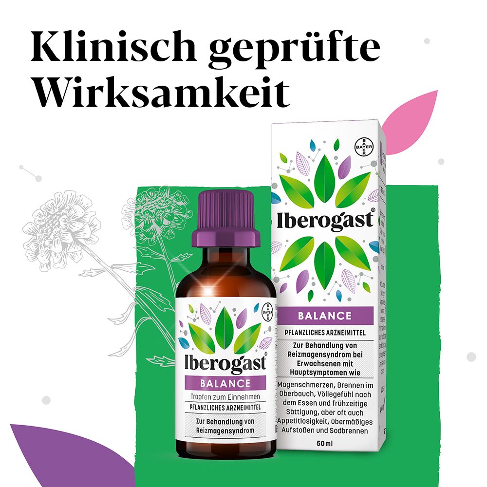 Iberogast® BALANCE Flasche und Karton. Text: Klinisch geprüfte Wirksamkeit.