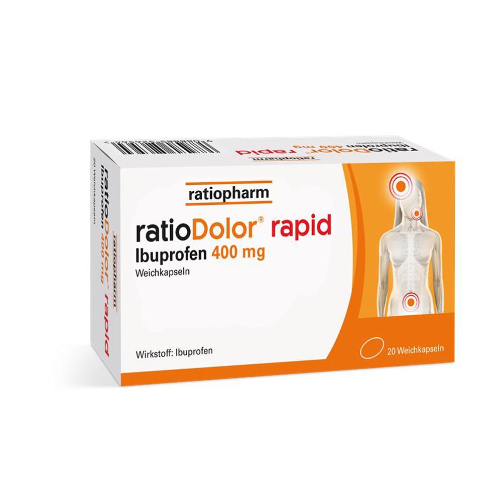 Schachtel ratioDolor rapid Ibuprofen 400 mg. Weiße Schachtel mit roter und orangefarbener Grafik. 20 Weichkapseln.