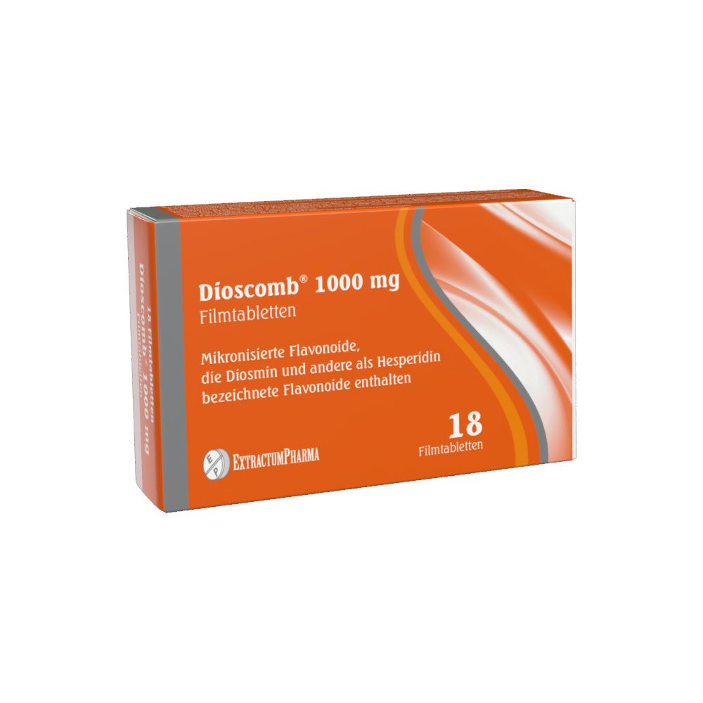 Dioscomb® 1000 mg Filmtabletten-Packung. Orangefarbene Schachtel mit Produktinformationen und 18 Filmtabletten.