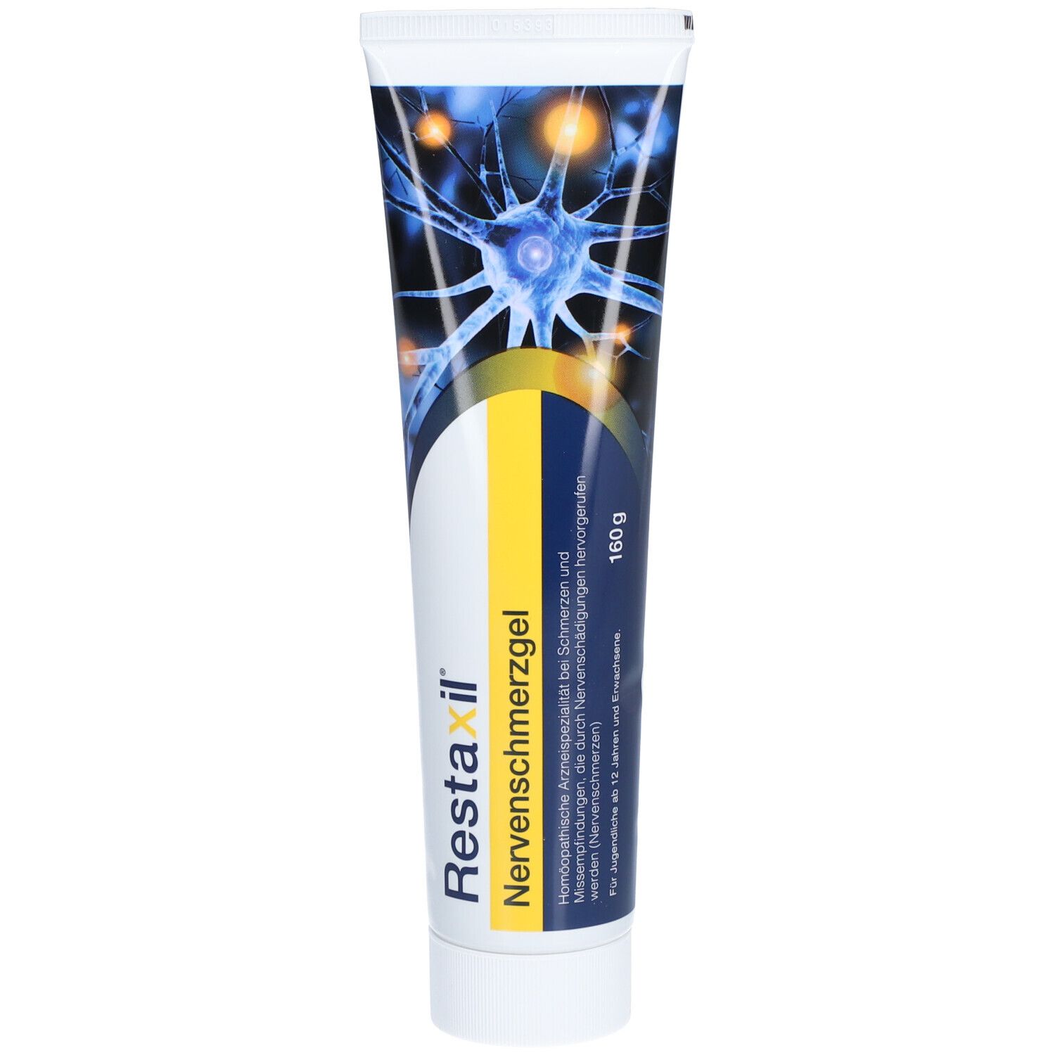 Tube mit Nervenschmerzgel. Aufschrift: Restaxil Nervenschmerzgel. Abbildung eines Neurons. 160 g.