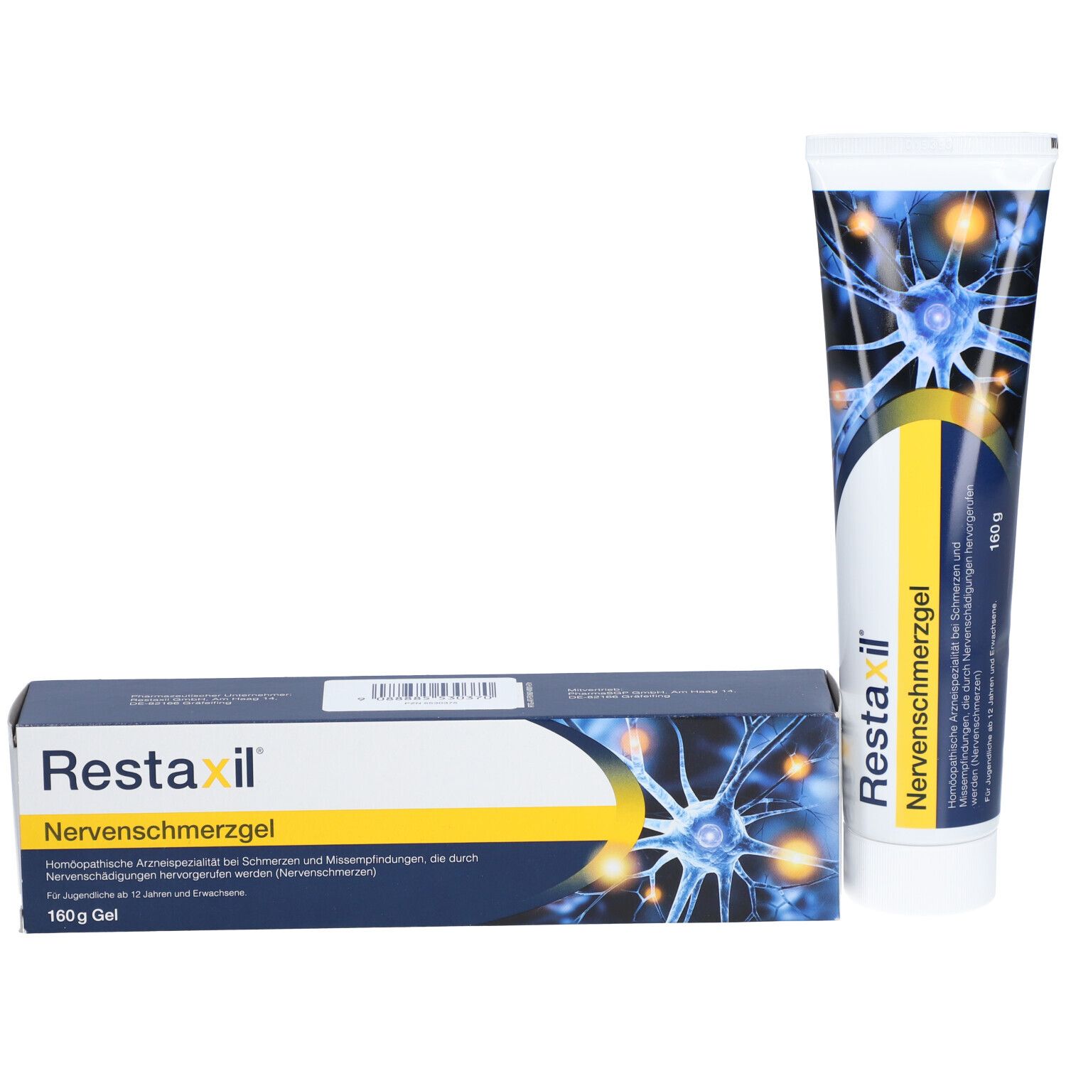 Restaxil Nervenschmerzgel Tube und Schachtel. Schachtel mit Produktinformationen und Abbildung eines Neurons.