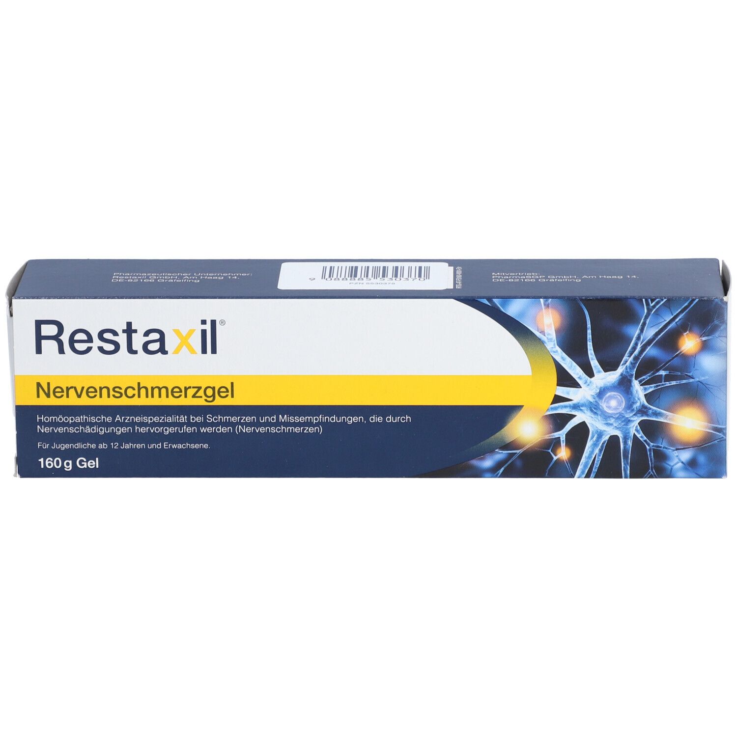 Schachtel mit Restaxil Nervenschmerzgel. Aufschrift: Restaxil Nervenschmerzgel. Abbildung eines Neurons. 160 g Gel.