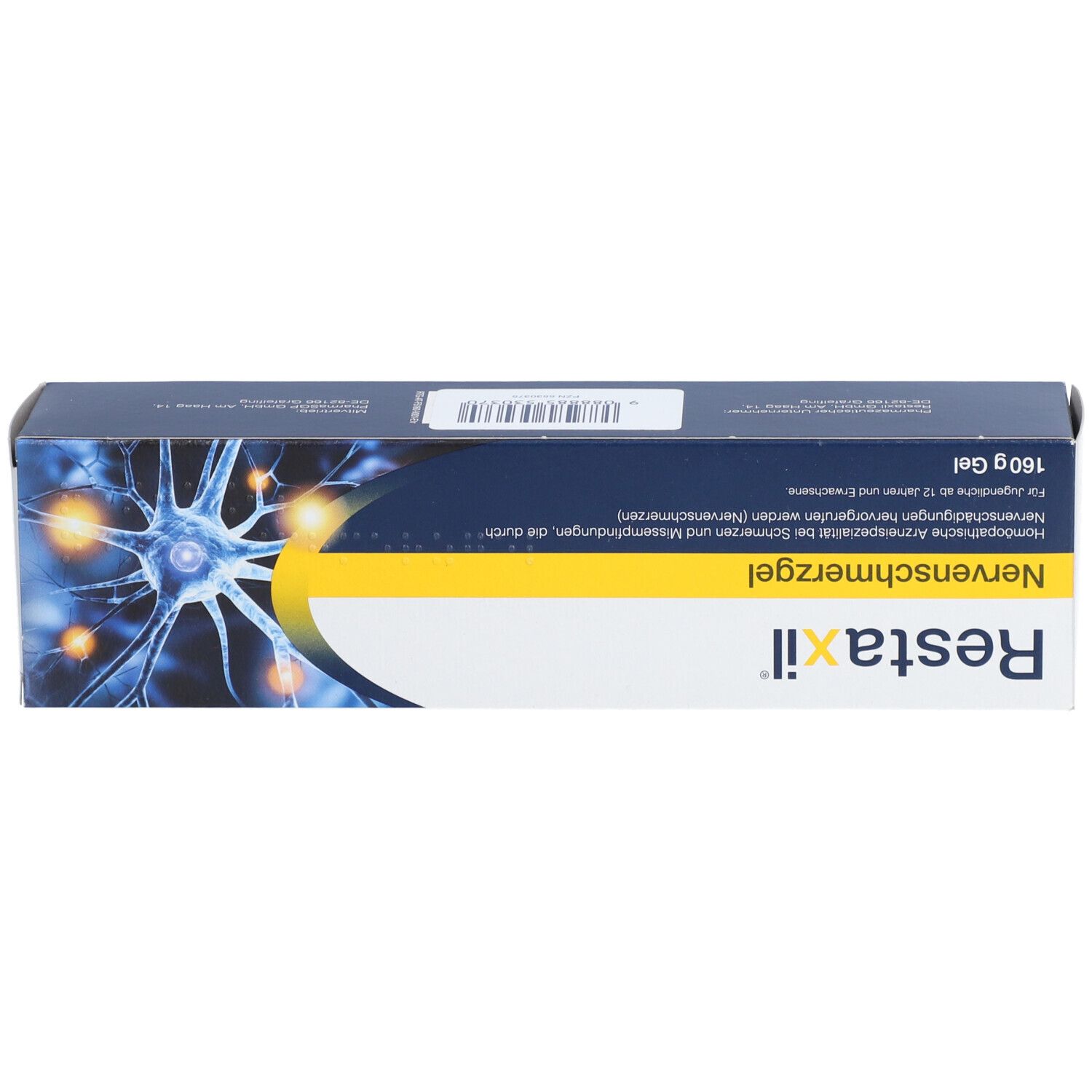 Schachtel mit Restaxil Nervenschmerzgel. Aufschrift: Restaxil Nervenschmerzgel. Abbildung eines Neurons. 160 g Gel.