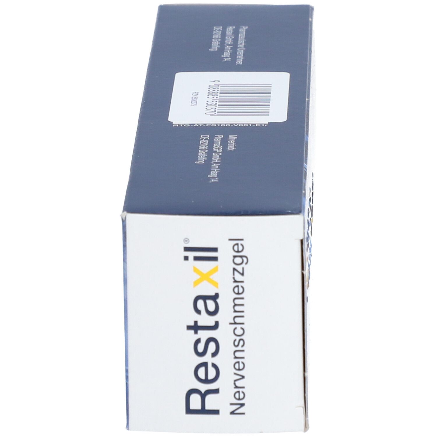 Schachtel von Restaxil Nervenschmerzgel. Seitenansicht mit Produktnamen.