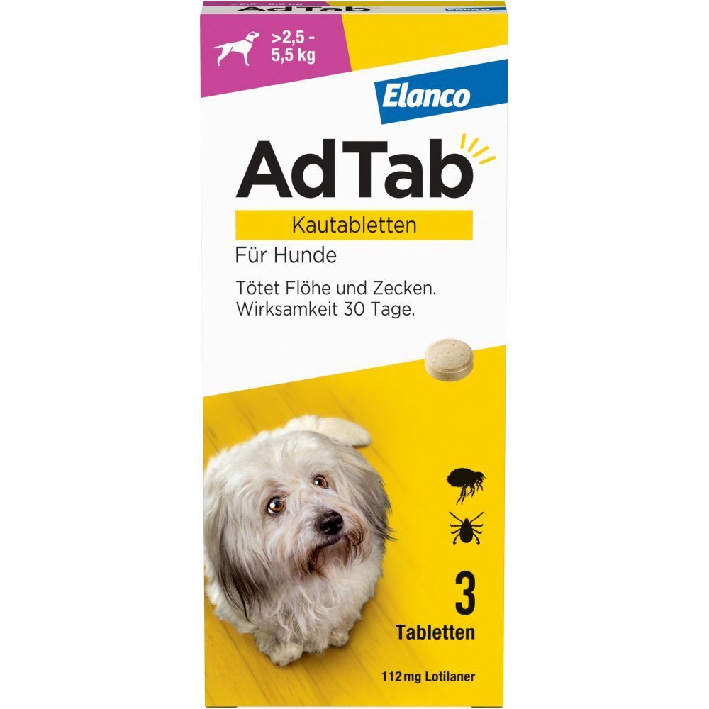 Verpackung mit Produktnamen und Hund. Tablette abgebildet. Text: Tötet Flöhe und Zecken. 3 Tabletten.