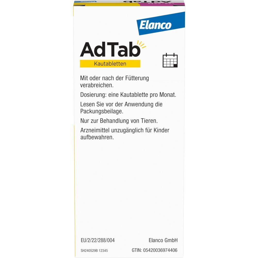 Rückseite der Verpackung. Text: Dosierung: eine Kautablette pro Monat. Nur zur Behandlung von Tieren.