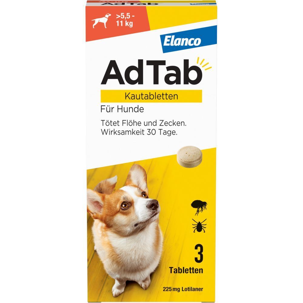 Elanco AdTab Kautabletten für Hunde. Verpackung mit Tablette und Hund. Tötet Flöhe und Zecken. Wirksamkeit 30 Tage.