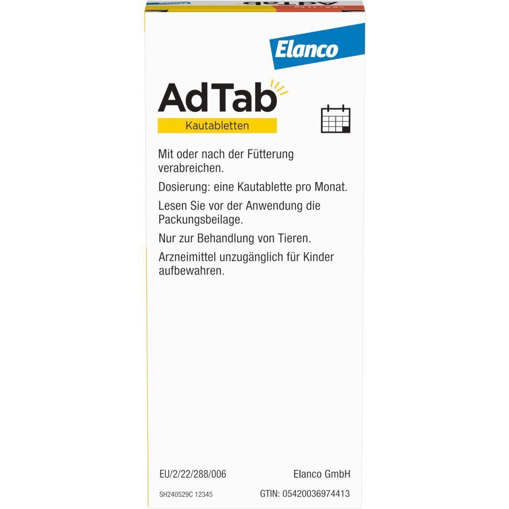 Rückseite der Elanco AdTab Kautabletten-Verpackung. Text: Dosierung, Anwendungshinweise, EU-Zulassung, Herstellerinformationen.