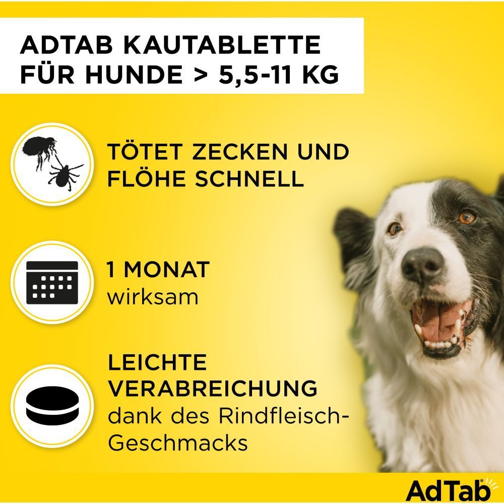 Elanco AdTab Kautablette für Hunde. Text: Tötet Zecken und Flöhe schnell, 1 Monat wirksam, leichte Verabreichung.