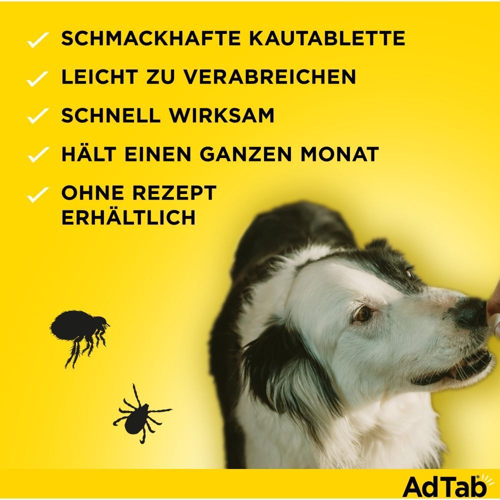 Elanco AdTab Kautablette. Text: Schmackhafte Kautablette, leicht zu verabreichen, schnell wirksam, hält einen ganzen Monat, ohne Rezept erhältlich.
