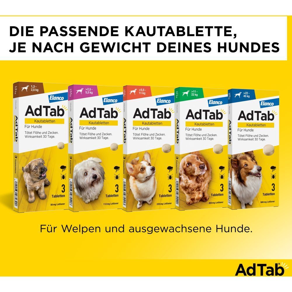 Elanco AdTab Kautabletten für Hunde. Verschiedene Packungen für unterschiedliche Hundegewichte. Für Welpen und erwachsene Hunde.