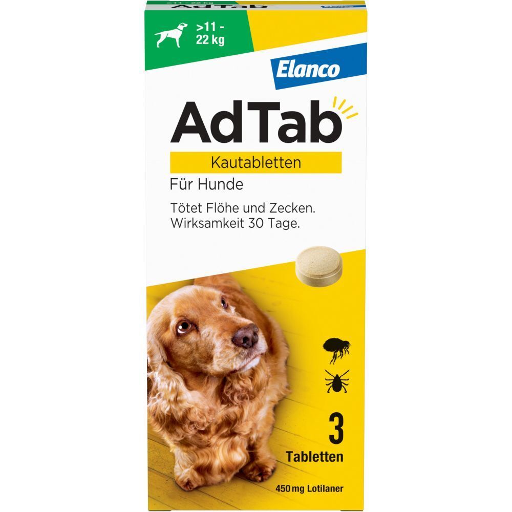Elanco AdTab™ Hund, Packung mit 3 Kautabletten. Für Hunde von 11-22 kg. Tötet Flöhe und Zecken. 450 mg Lotilaner.