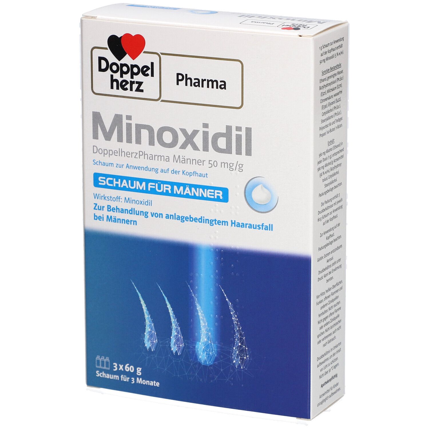 Verpackung von Doppelherz Pharma Minoxidil Männer 50 mg/g Schaum. Enthält 3x60g. Text: Schaum für Männer, zur Behandlung von Haarausfall.