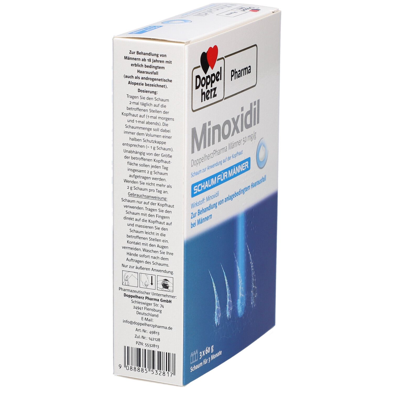 Schrägansicht der Verpackung von Doppelherz Pharma Minoxidil Männer 50 mg/g Schaum. Text: Schaum für Männer, zur Behandlung von Haarausfall.