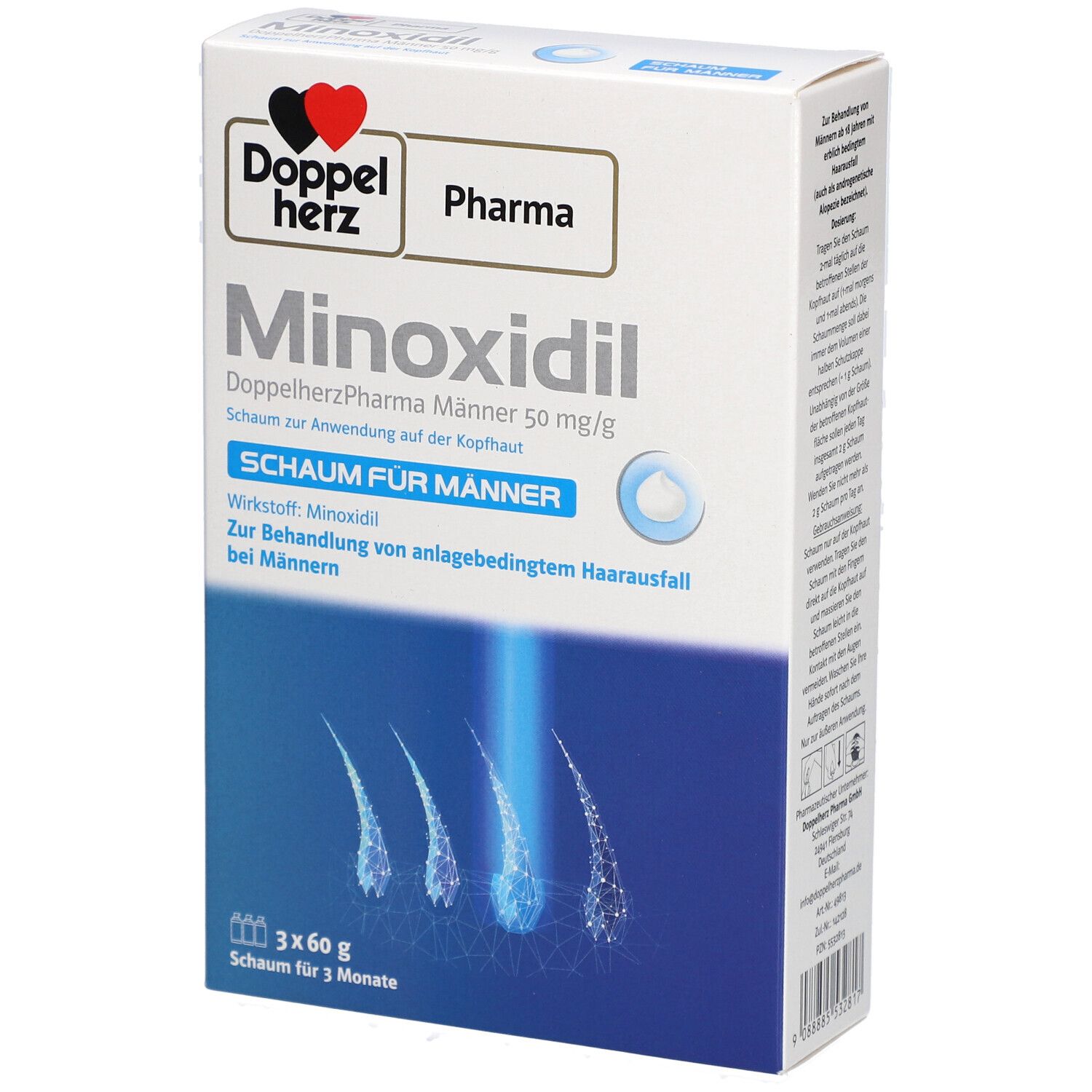 Verpackung von Doppelherz Pharma Minoxidil Männer 50 mg/g Schaum. Enthält 3x60g. Text: Schaum für Männer, zur Behandlung von Haarausfall.