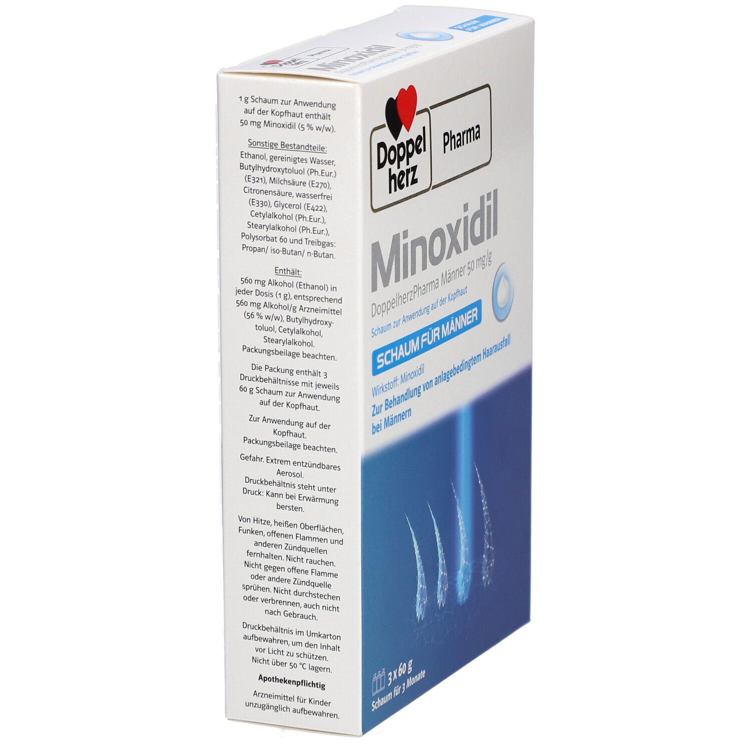 Schrägansicht der Verpackung von Doppelherz Pharma Minoxidil Männer 50 mg/g Schaum. Text: Schaum für Männer, zur Behandlung von Haarausfall.