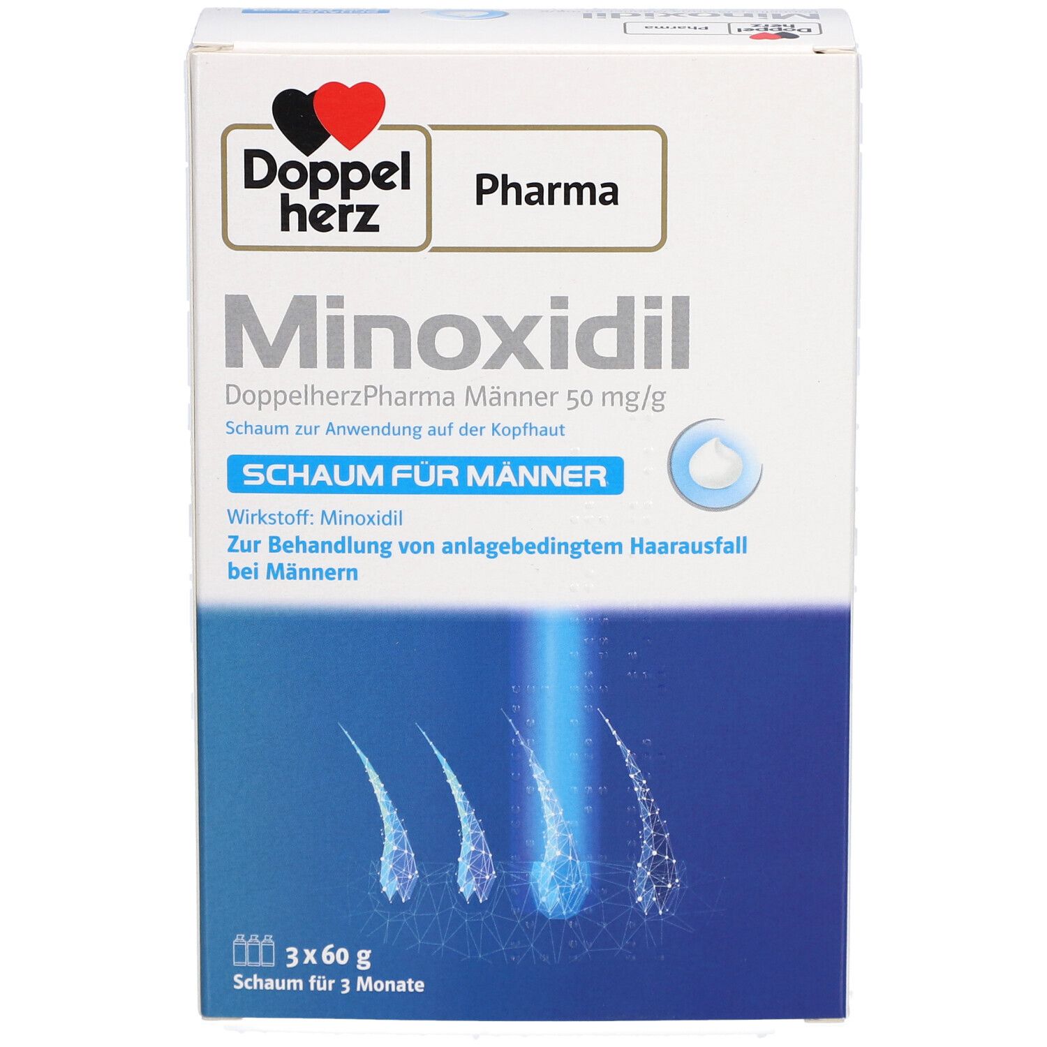 Verpackung von Doppelherz Pharma Minoxidil Männer 50 mg/g Schaum. Enthält 3x60g. Text: Schaum für Männer, zur Behandlung von Haarausfall.
