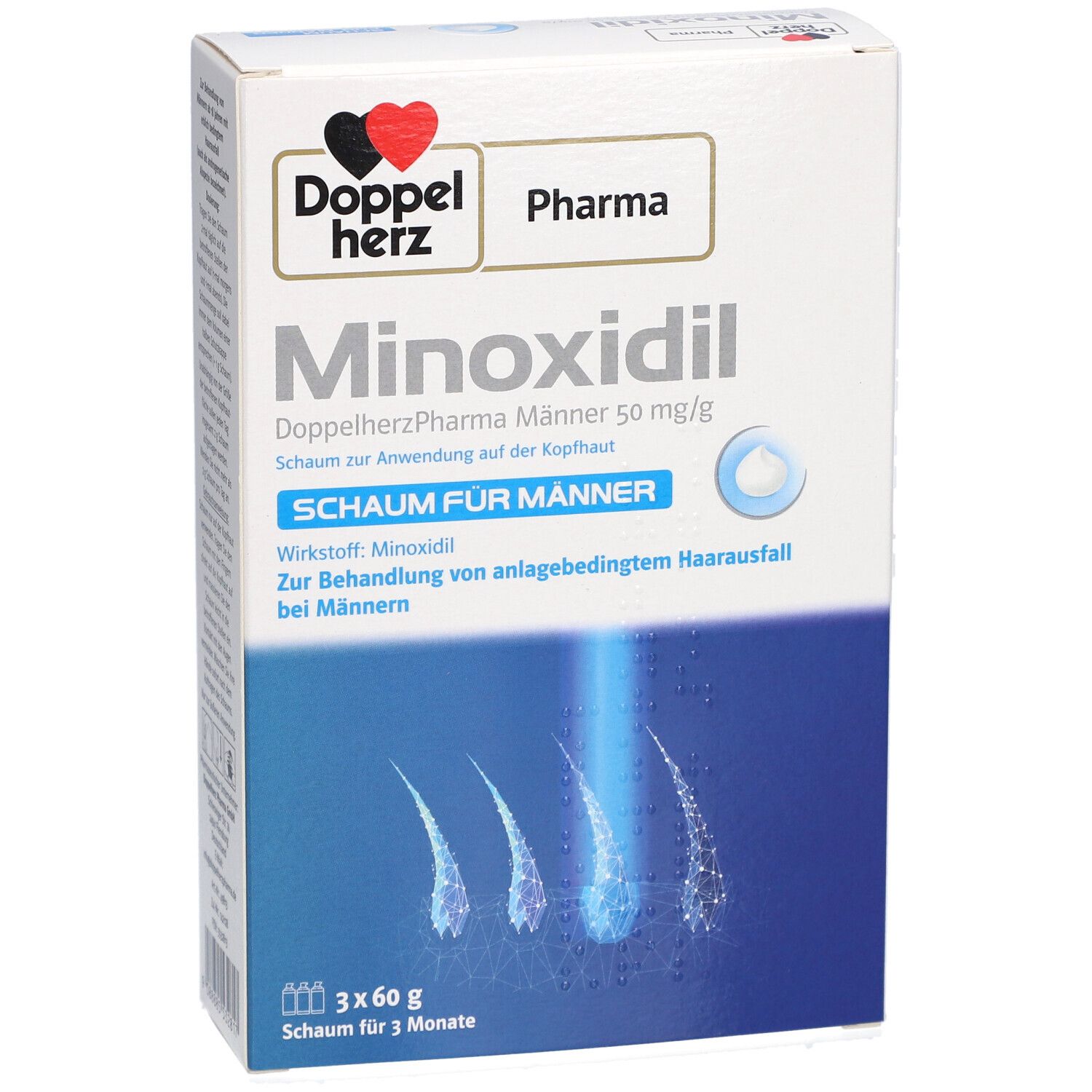 Verpackung von Doppelherz Pharma Minoxidil Männer 50 mg/g Schaum. Enthält 3x60g. Text: Schaum für Männer, zur Behandlung von Haarausfall.