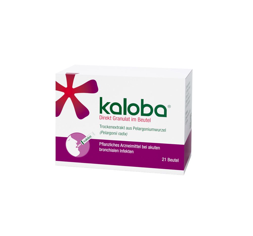 Weiße Schachtel mit rotem Logo und Produktnamen: Kaloba Direkt Granulat im Beutel. 21 Beutel.