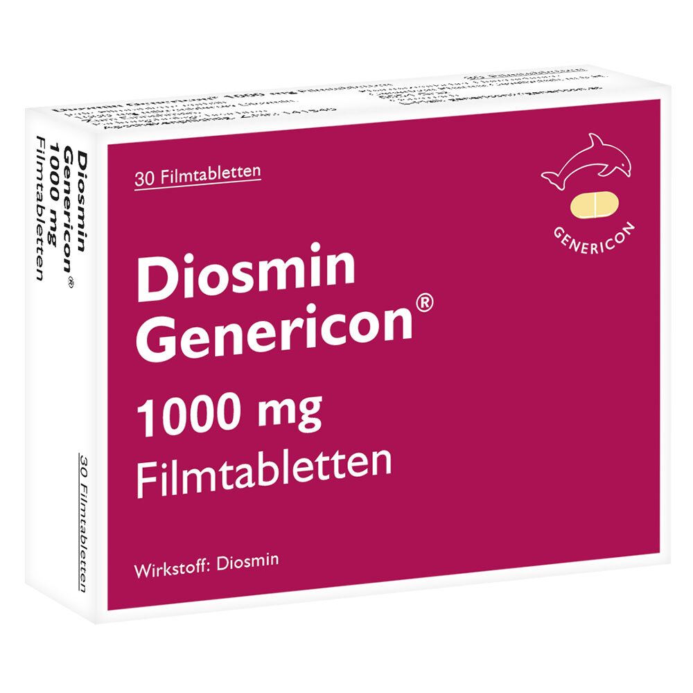 Diosmin Genericon® 1000 mg Filmtabletten-Packung. Rote und weiße Schachtel mit Produktnamen, Dosierung und Logo.