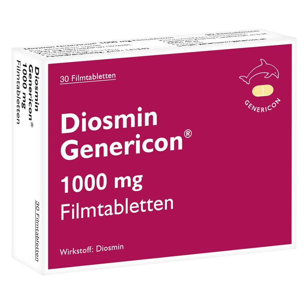 Diosmin Genericon® 1000 mg Filmtabletten-Packung. Rote und weiße Schachtel mit Produktnamen und Dosierung. 30 Filmtabletten.