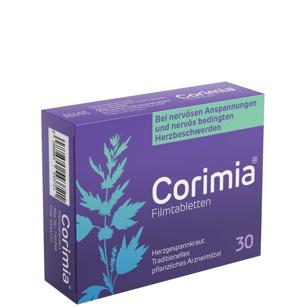Corimia Filmtabletten-Packung. Lila Schachtel mit Produktnamen und Inhaltsangaben. 30 Tabletten.